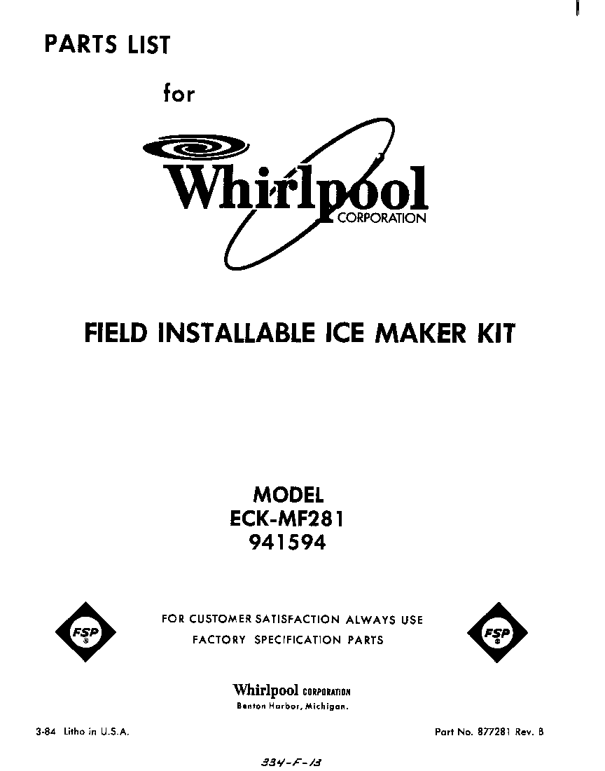 Whirlpool ECKMF281 cover page diagram