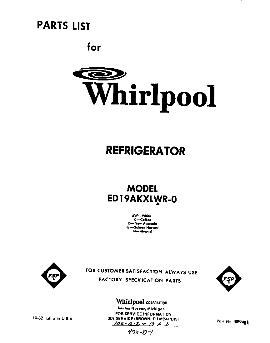 Whirlpool ED19AKXLWR0 front cover diagram