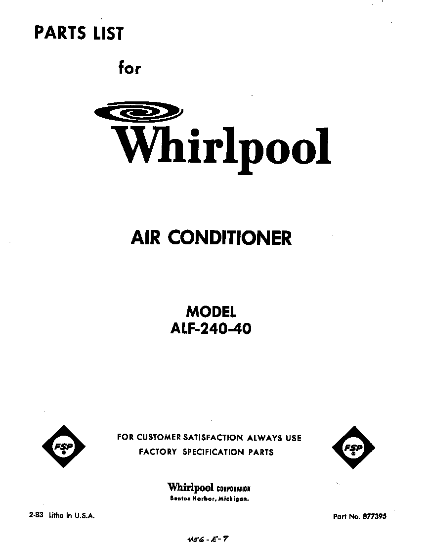 Whirlpool ALF24040 front cover diagram