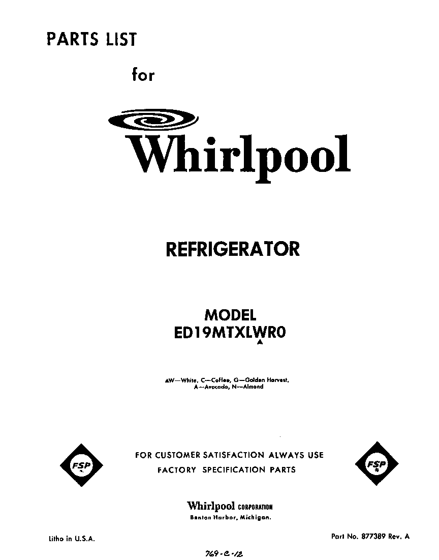 Whirlpool ED19MTXLWR0 front cover diagram