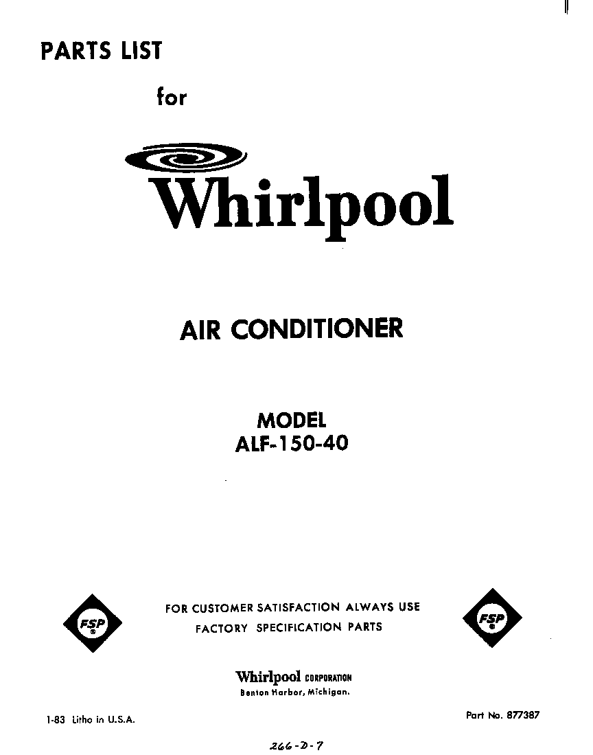 Whirlpool ALF15040 front cover diagram