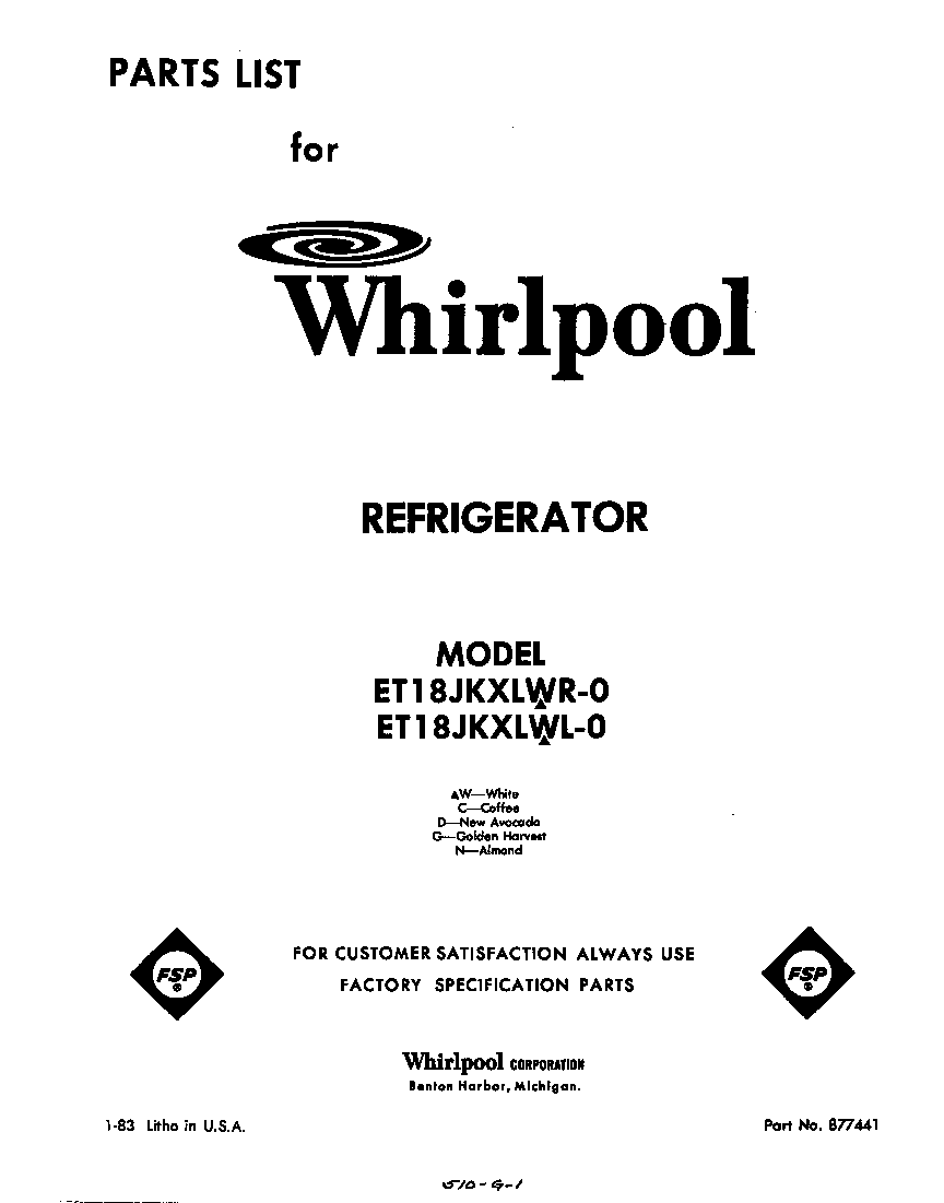 Whirlpool ET18JKXLWL0 front cover diagram
