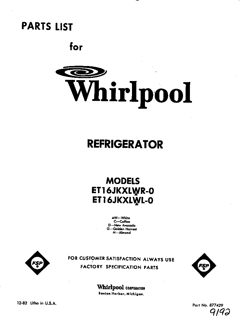 Whirlpool ET16JKXLWL0 front cover diagram