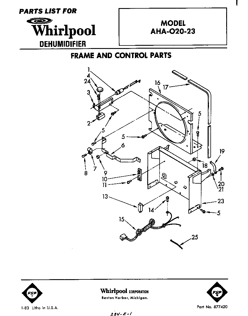 Whirlpool AHA02023 frame and control parts diagram
