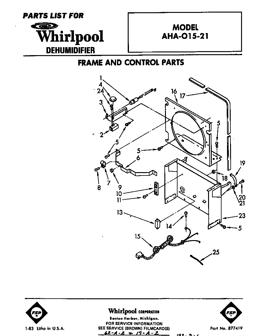 Whirlpool AHA01521 frame and control parts diagram