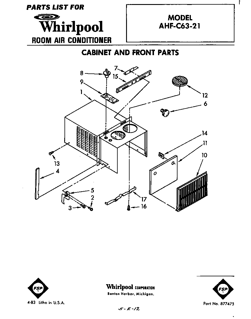 Whirlpool AHFC6321 cabinet and front parts diagram