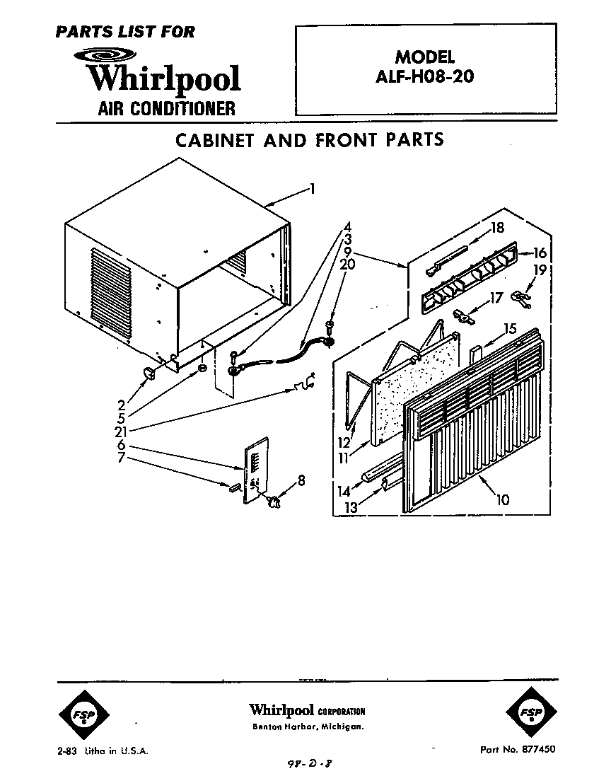 Whirlpool ALFH0820 cabinet and front parts diagram