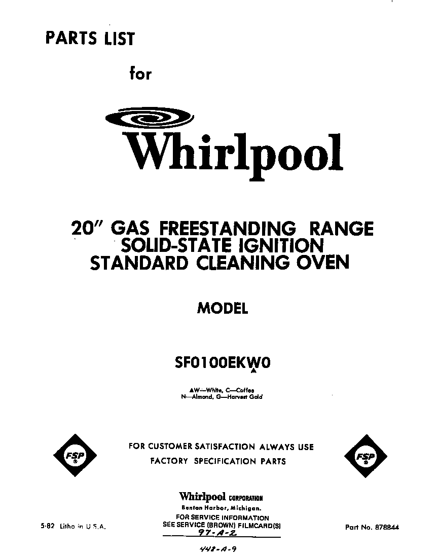 Whirlpool SF0100EKW0 front cover diagram