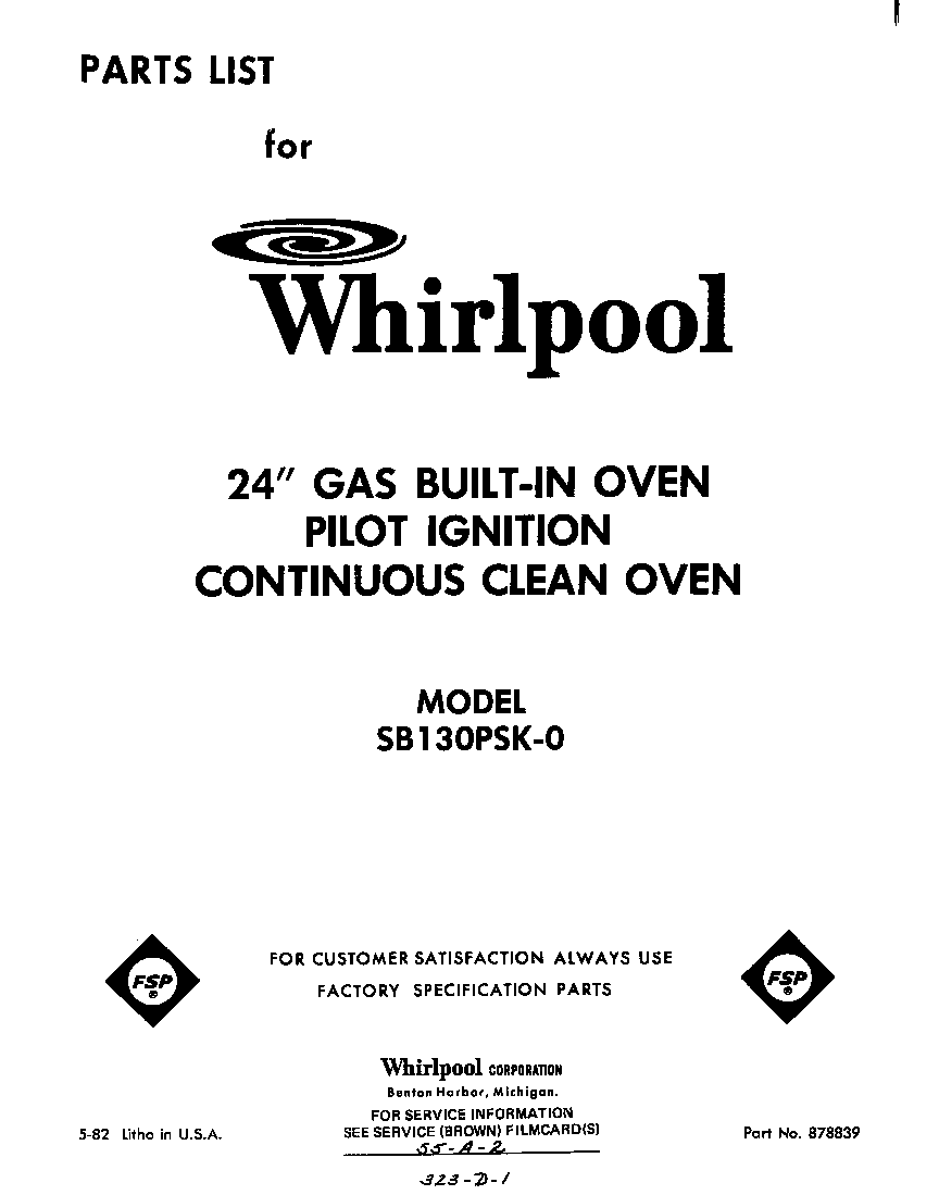 Whirlpool SB130PSK0 cover page-text only diagram