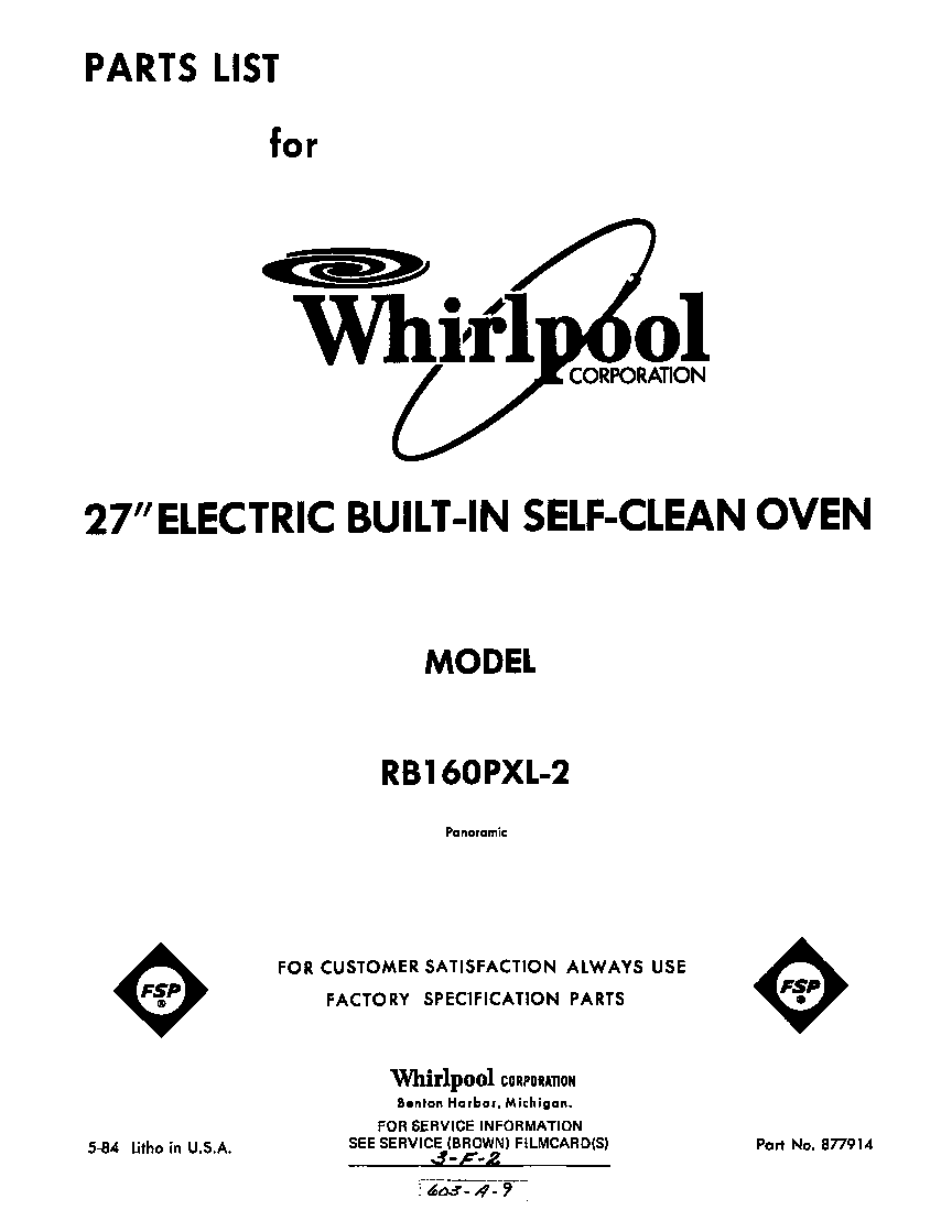 Whirlpool RB160PXL2 cover page diagram