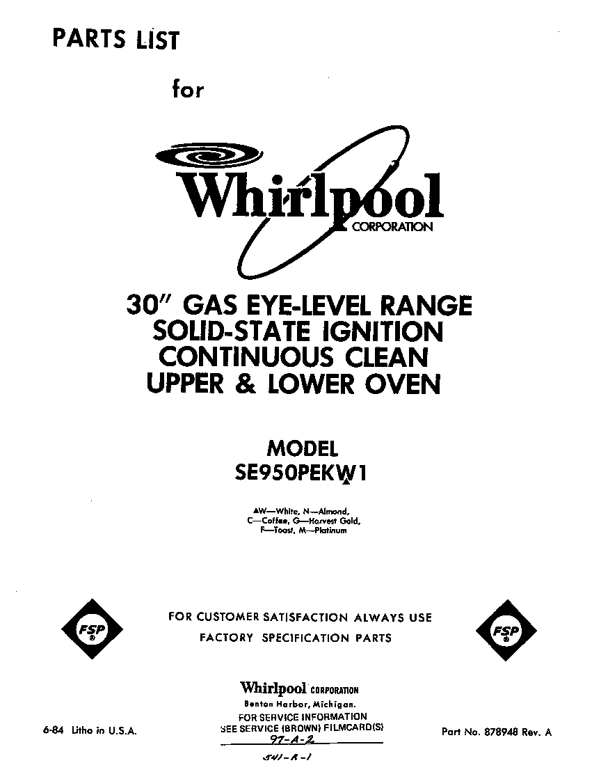 Whirlpool SE950PEKW1 front cover diagram