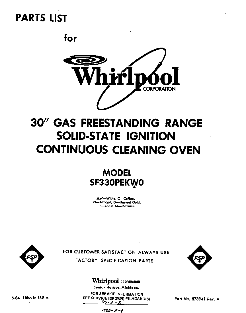 Whirlpool SF330PEKW0 front cover diagram