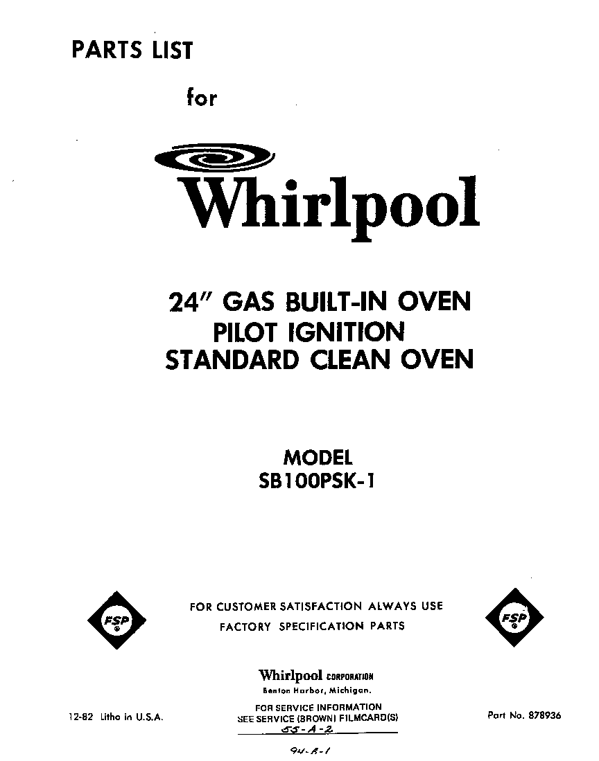 Whirlpool SB100PSK1 cover page-text only diagram