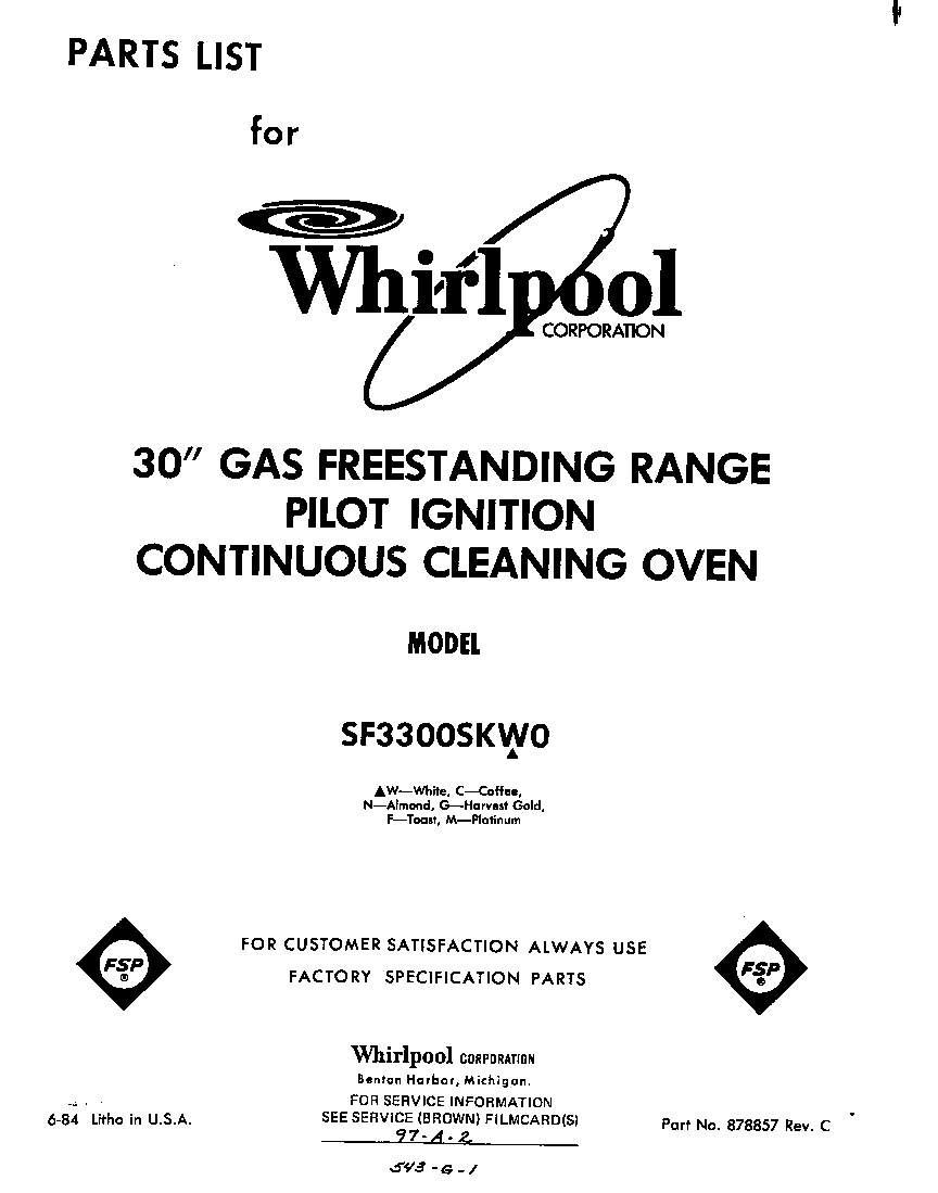 Whirlpool SF3300SKW0 front cover diagram