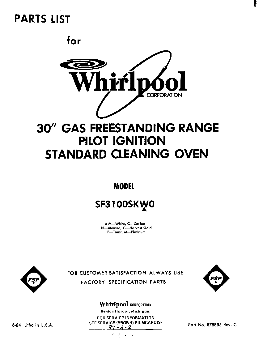Whirlpool SF3100SKW0 front cover diagram