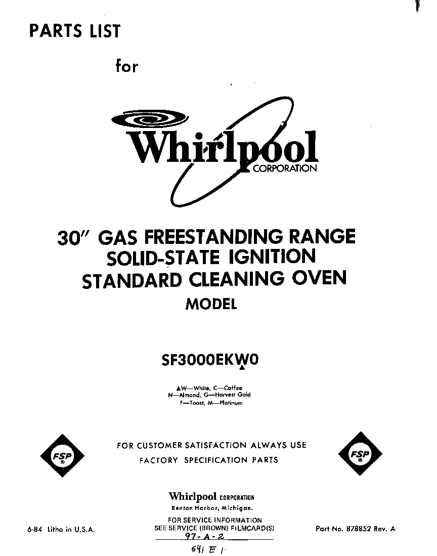 Whirlpool SF3000EKW0 front cover diagram