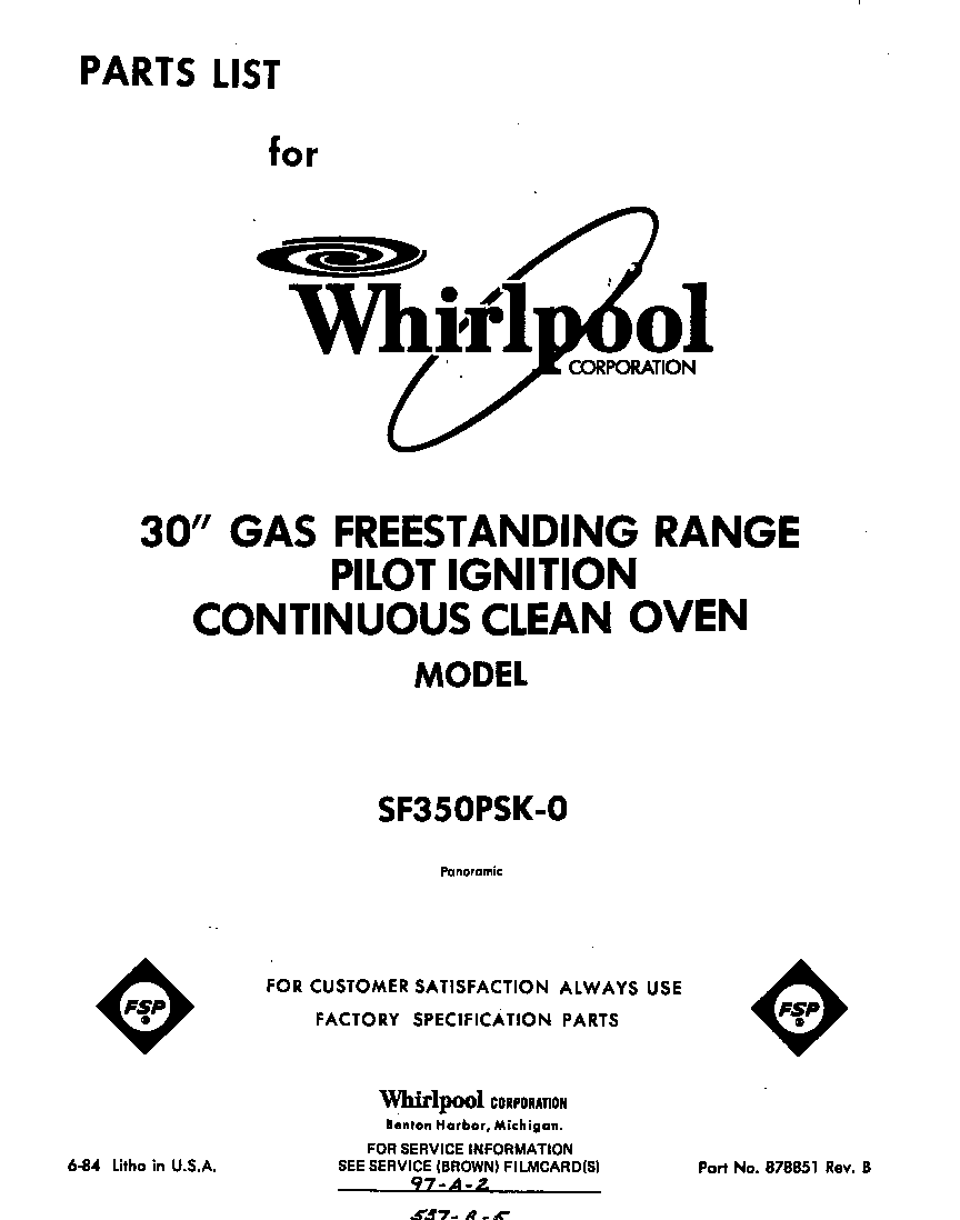 Whirlpool SF350PSK0 front cover diagram