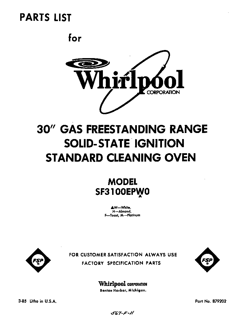 Whirlpool SF3100EPW0 front cover diagram