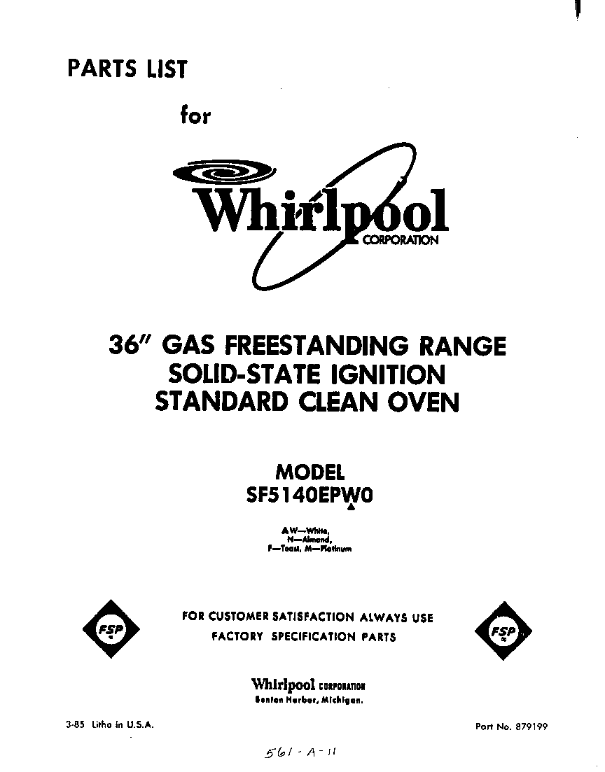Whirlpool SF5140EPW0 front cover diagram