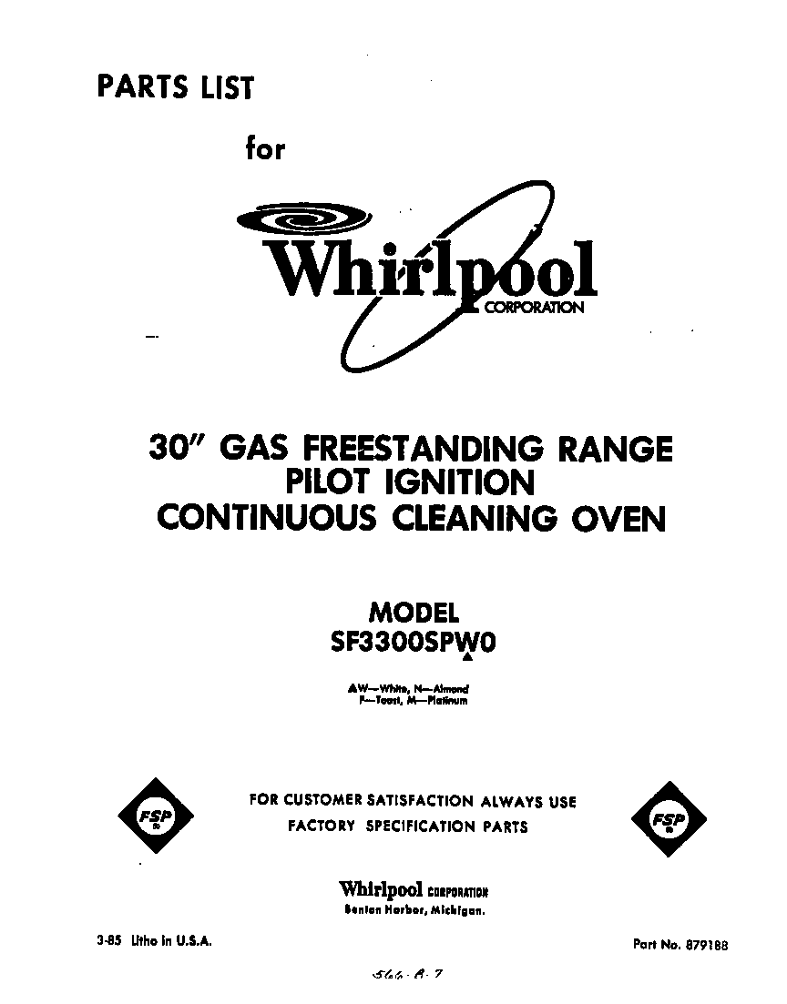 Whirlpool SF3300SPW0 front cover diagram