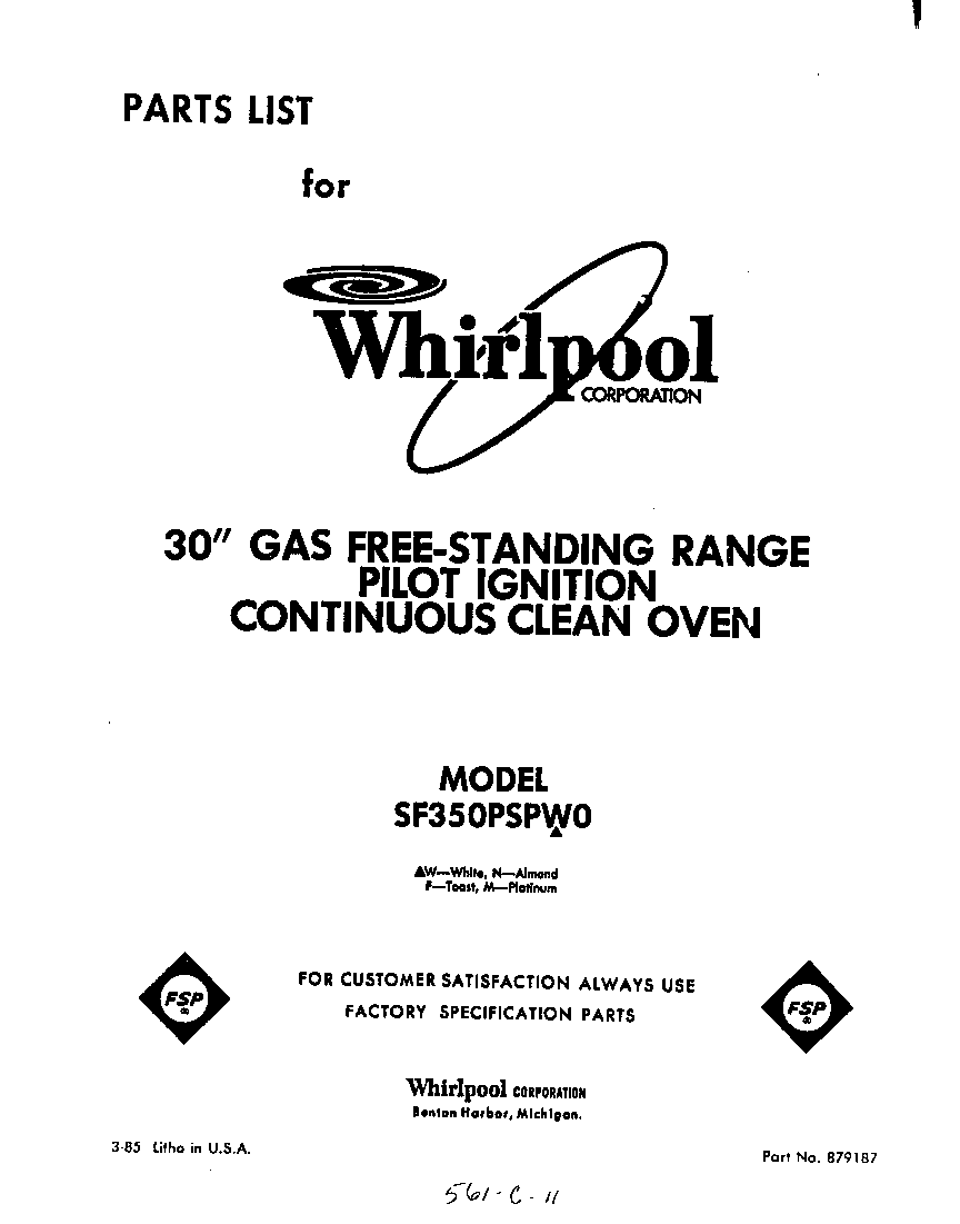 Whirlpool SF350PSPW0 front cover diagram