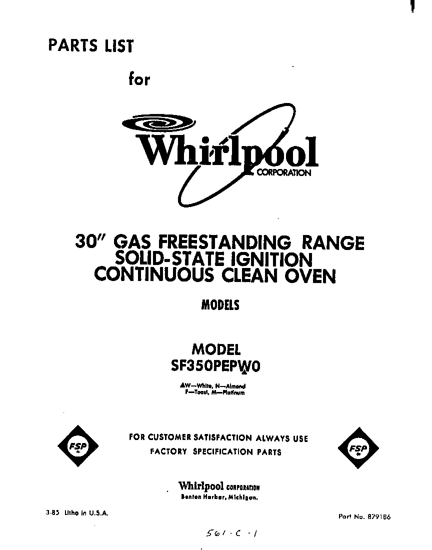 Whirlpool SF350PEPW0 front cover diagram