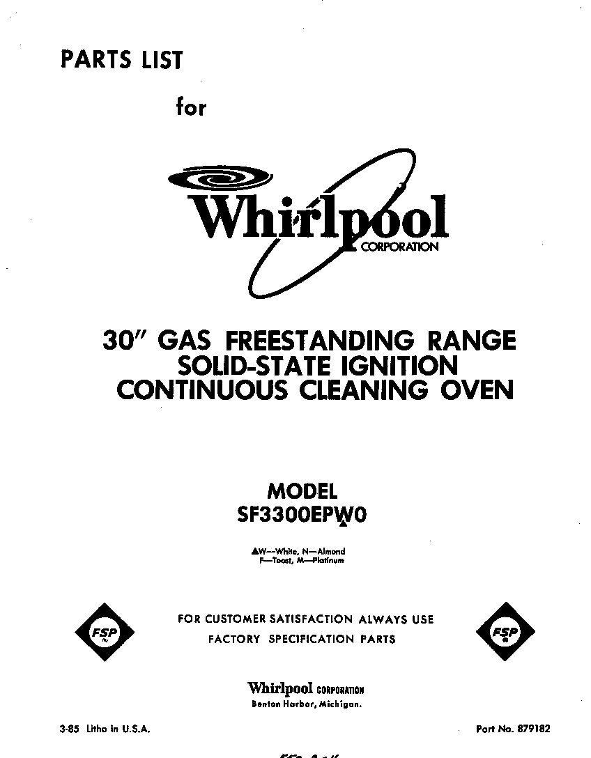 Whirlpool SF3300EPW0 front cover diagram