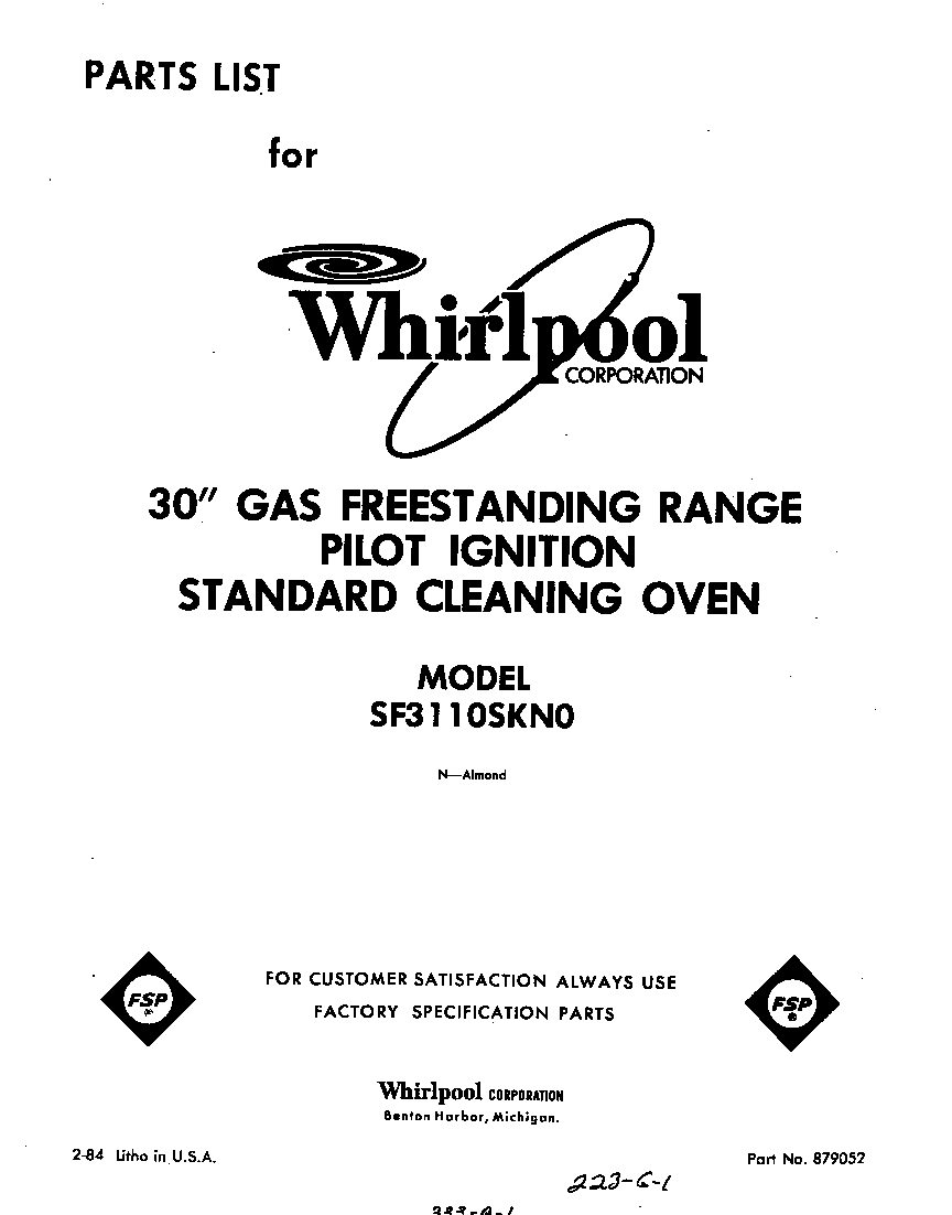 Whirlpool SF3110SKN0 front cover diagram