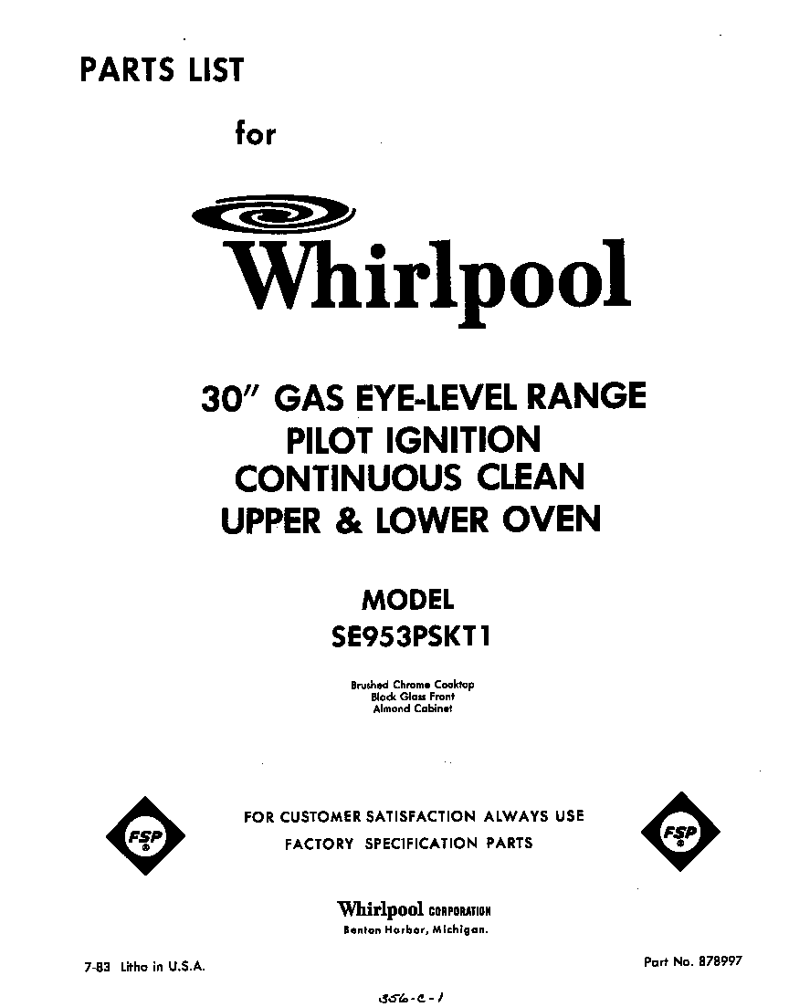 Whirlpool SE953PSKT1 front cover diagram