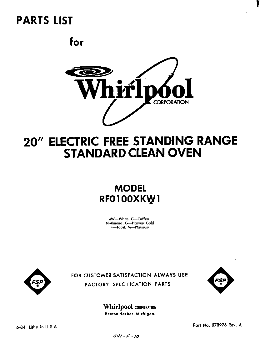 Whirlpool RF0100XKW1 cover page diagram