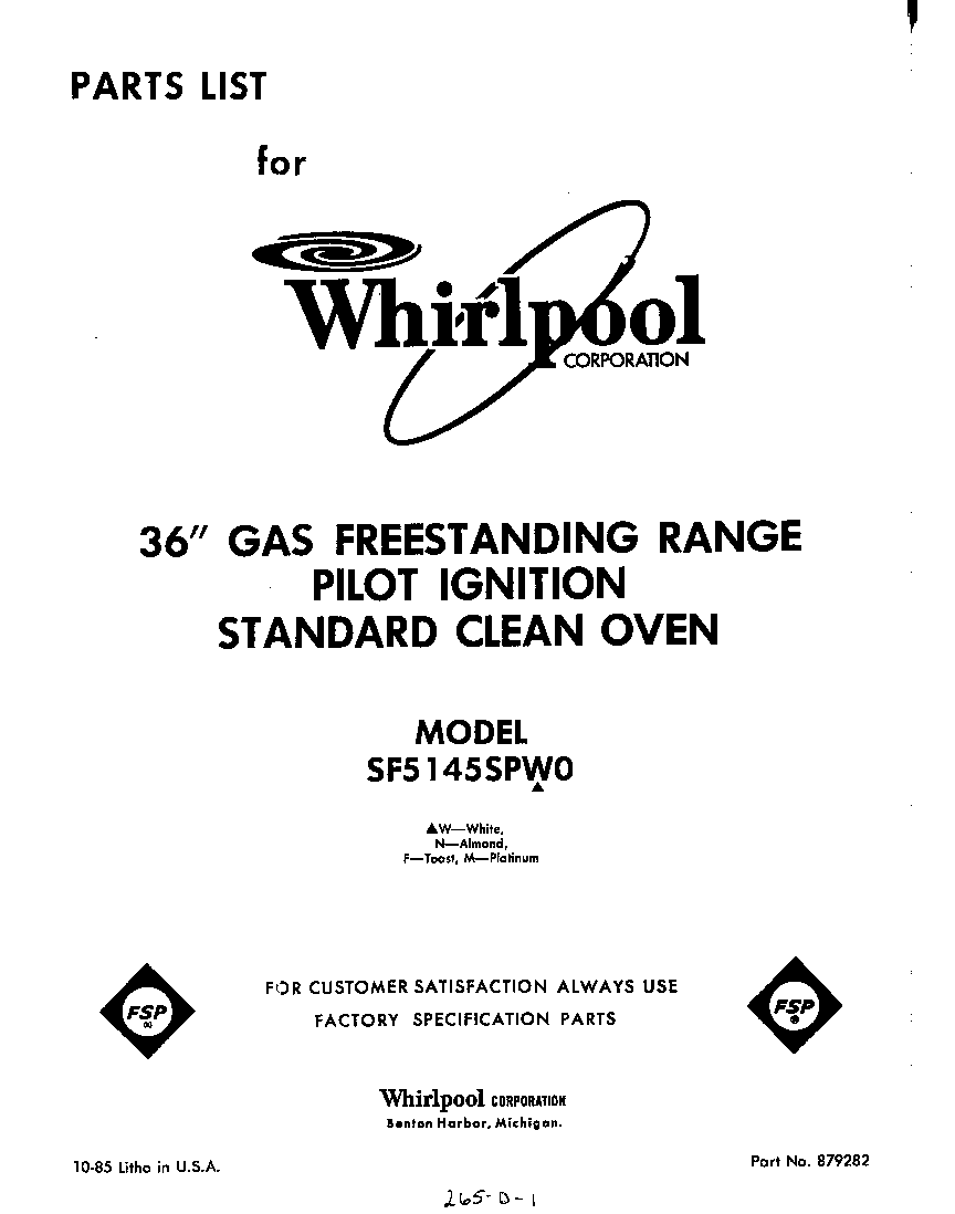 Whirlpool SF5145SPW0 front cover diagram