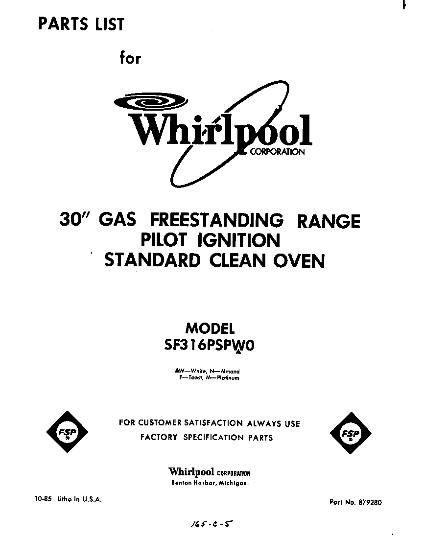 Whirlpool SF316PSPW0 front cover diagram