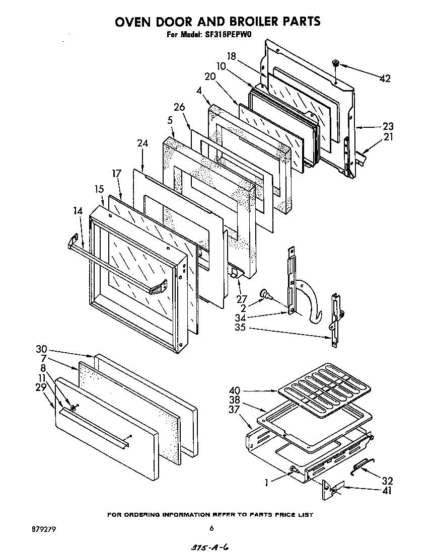 Whirlpool SF316PEPW0 oven door and broiler diagram