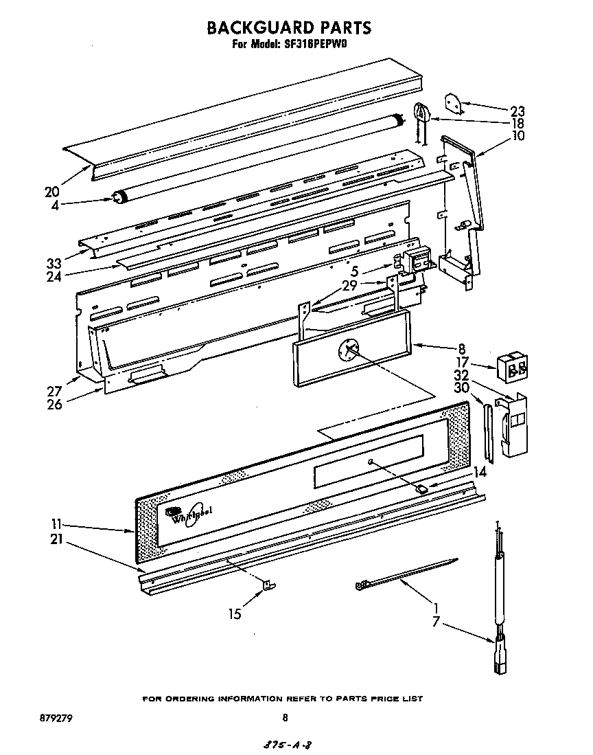 Whirlpool SF316PEPW0 backguard diagram