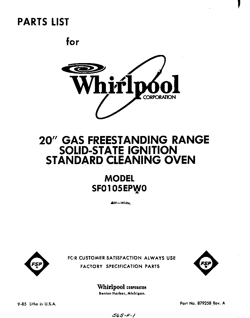 Whirlpool SF0105EPW0 front cover diagram