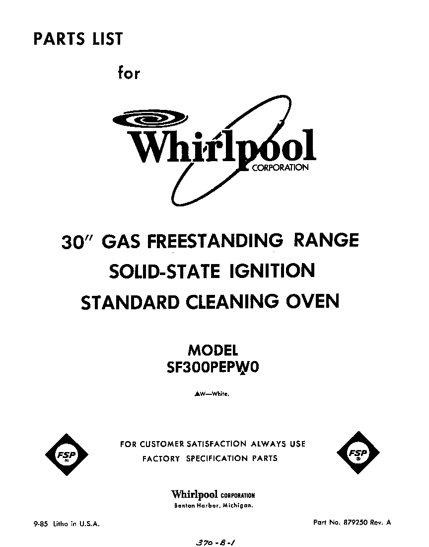 Whirlpool SF300PEPW0 front cover diagram