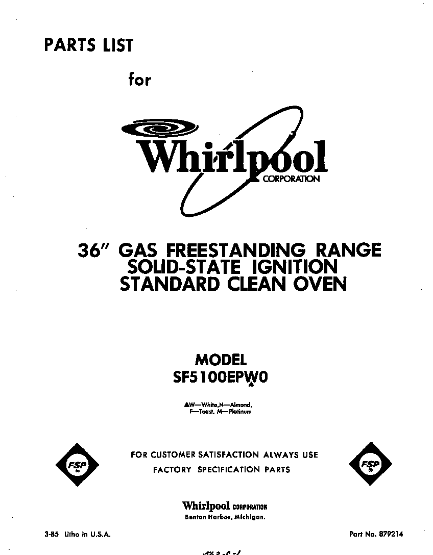 Whirlpool SF5100EPW0 front cover diagram