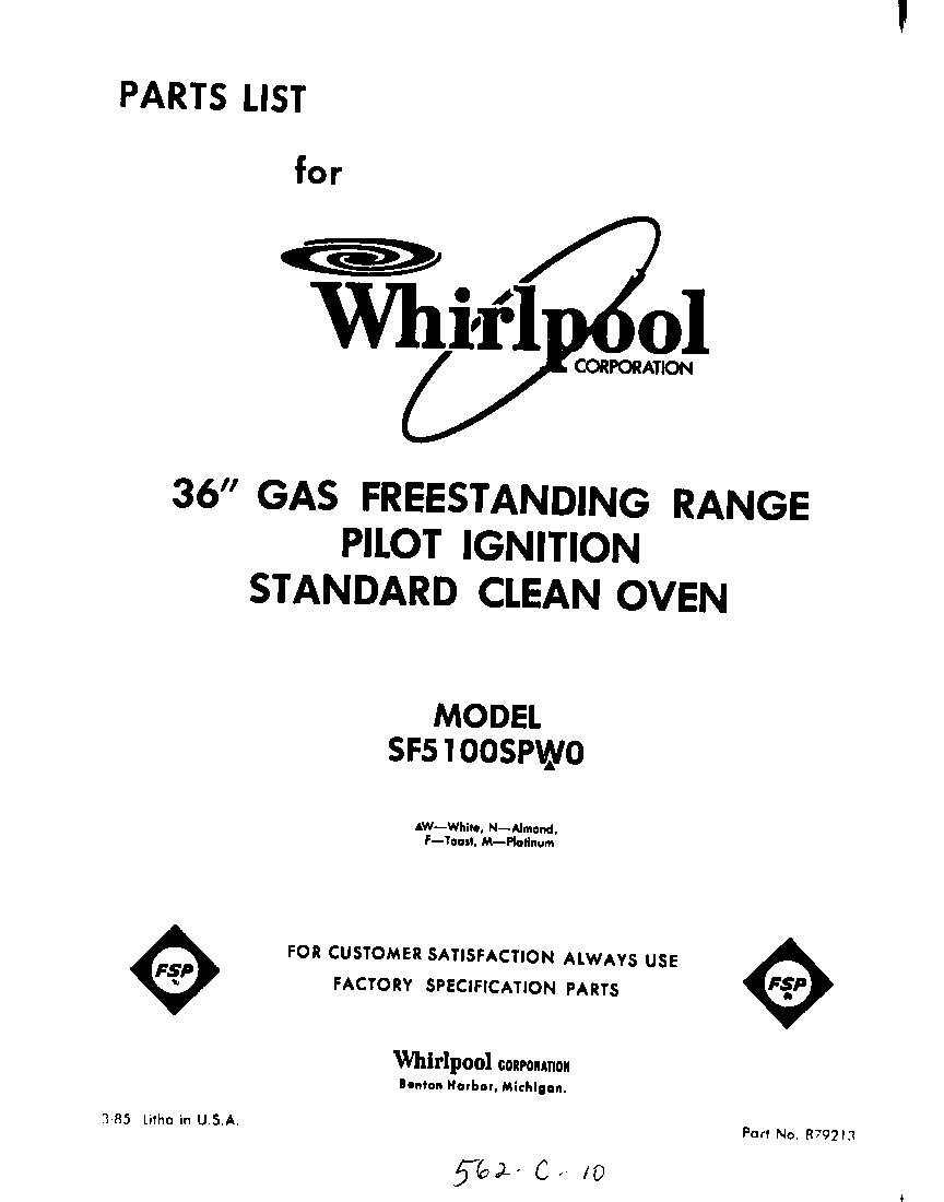 Whirlpool SF5100SPW0 front cover diagram