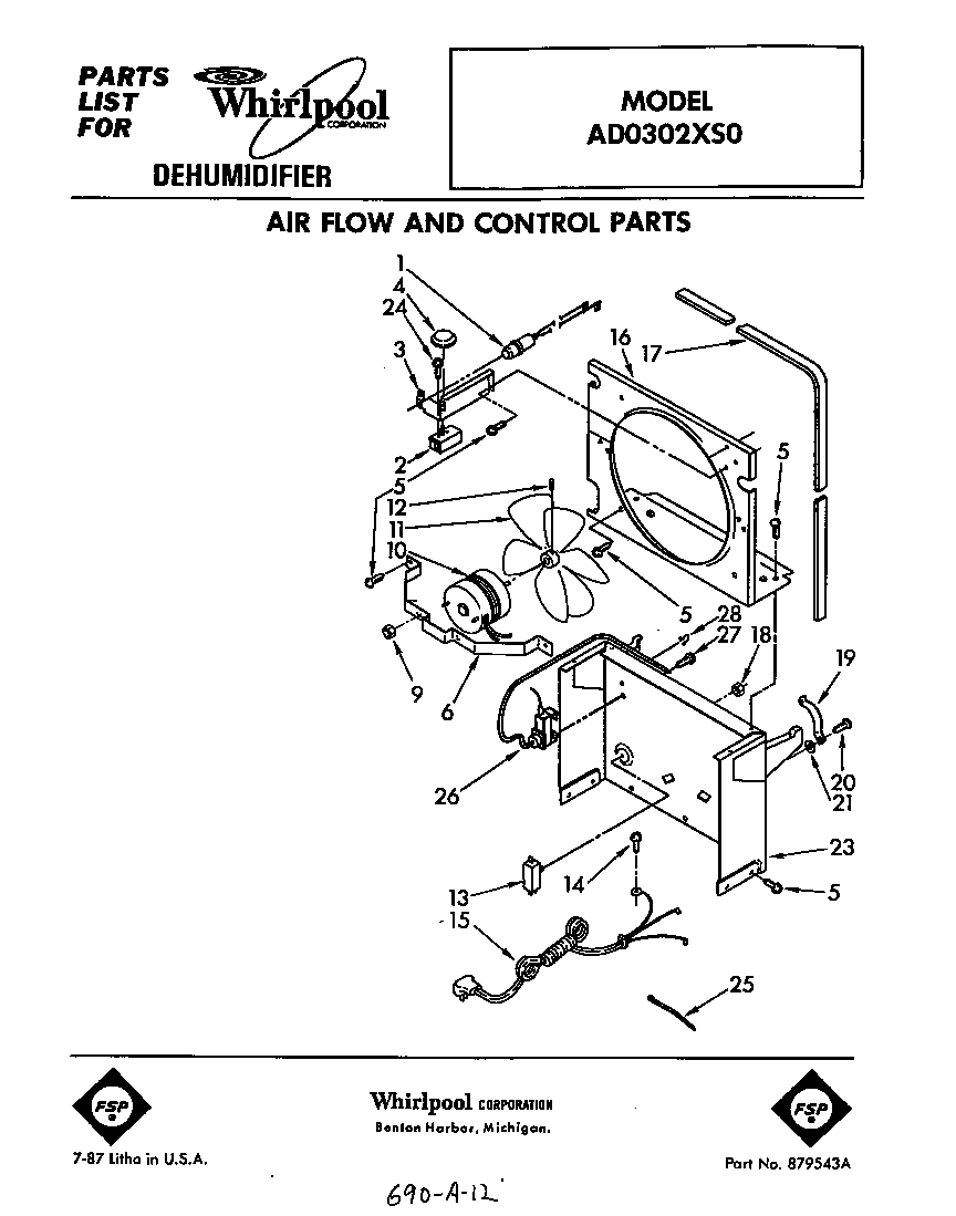 Whirlpool AD0302XS0 air flow and control parts diagram