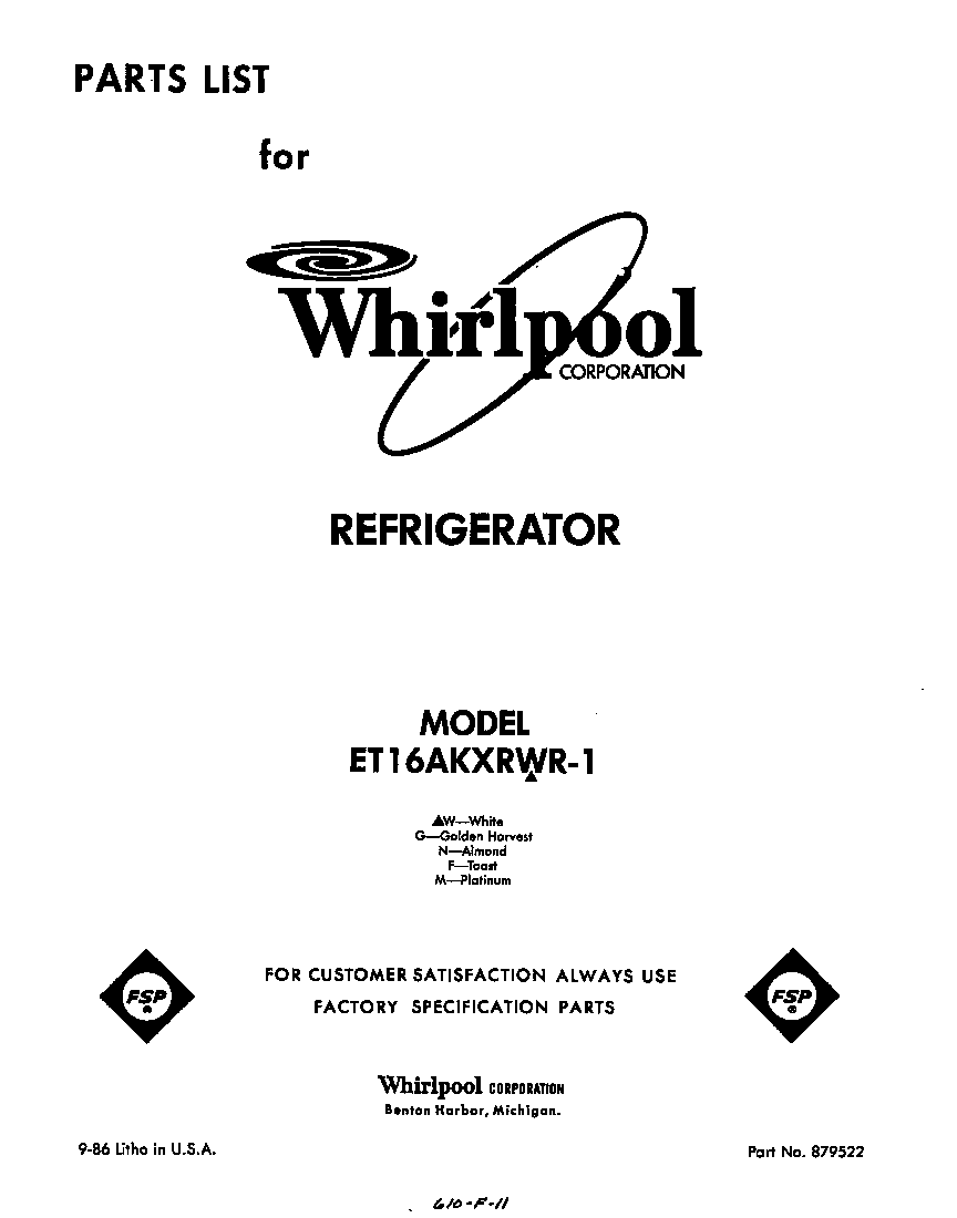 Whirlpool ET16AKXRWR1 front cover diagram