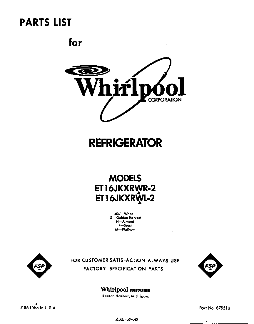 Whirlpool ET16JKXRWR2 front cover diagram