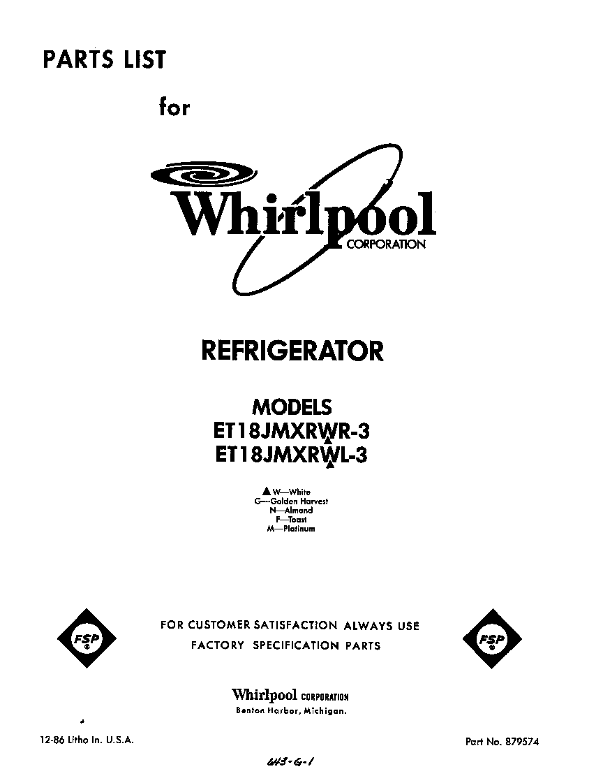 Whirlpool ET18JMXRWR3 front cover diagram
