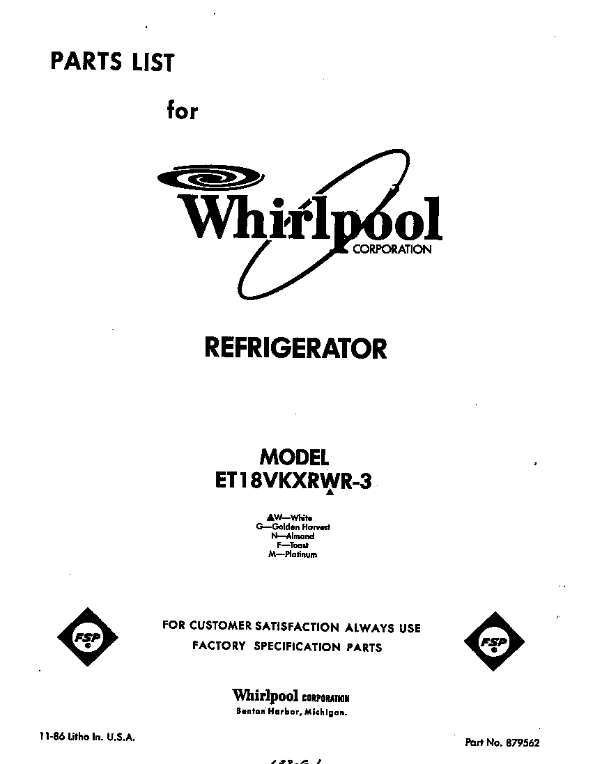 Whirlpool ET18VKXRWR3 front cover diagram