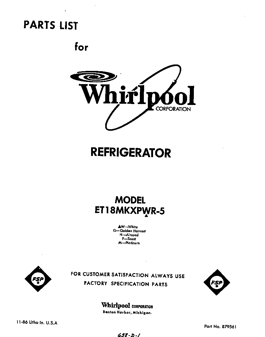 Whirlpool ET18MKXPWR5 front cover diagram