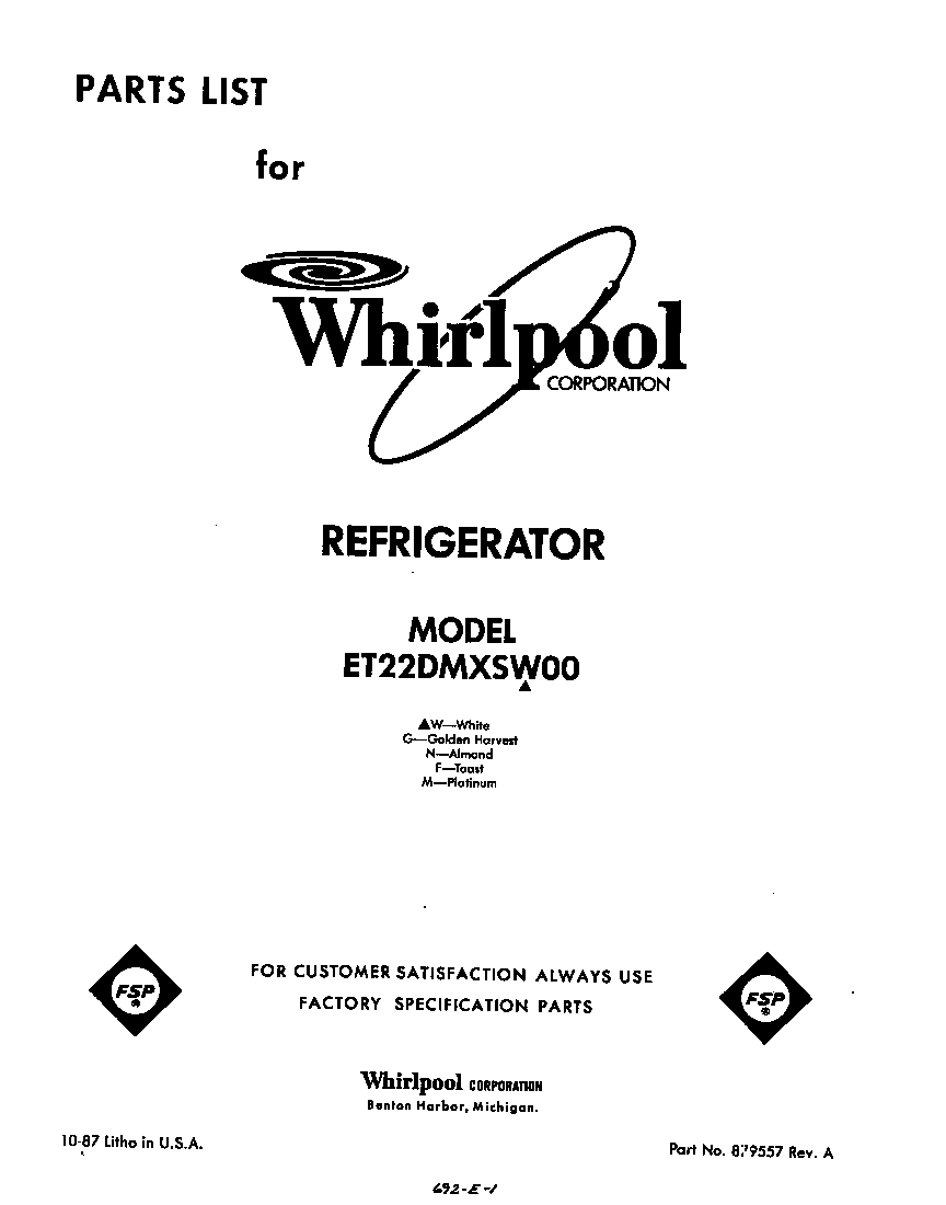 Whirlpool ET22DMXSW00 front cover diagram