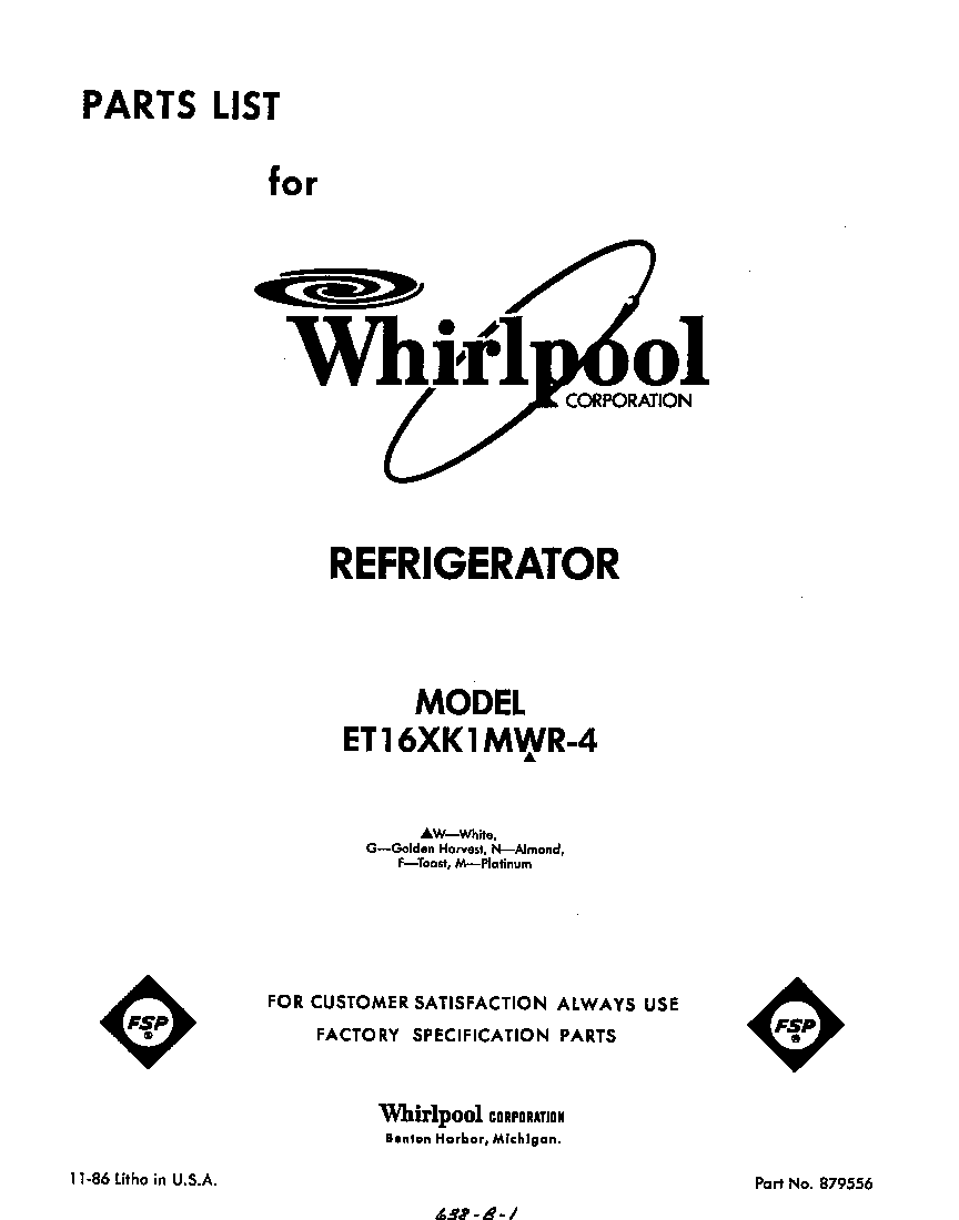 Whirlpool ET16XK1MWR4 front cover diagram
