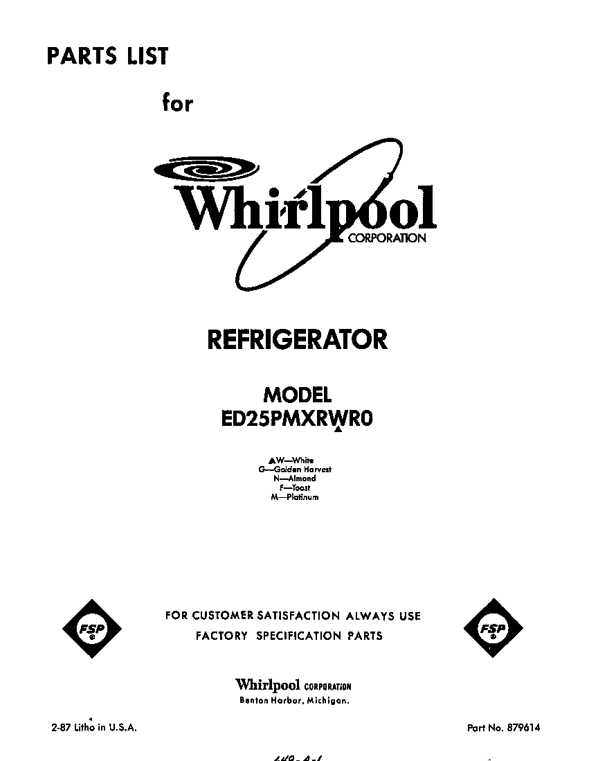 Whirlpool ED25PMXRWR0 front cover diagram