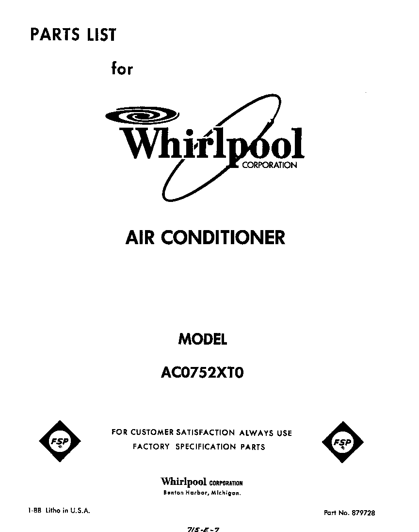 Whirlpool AC0752XT0 front cover diagram