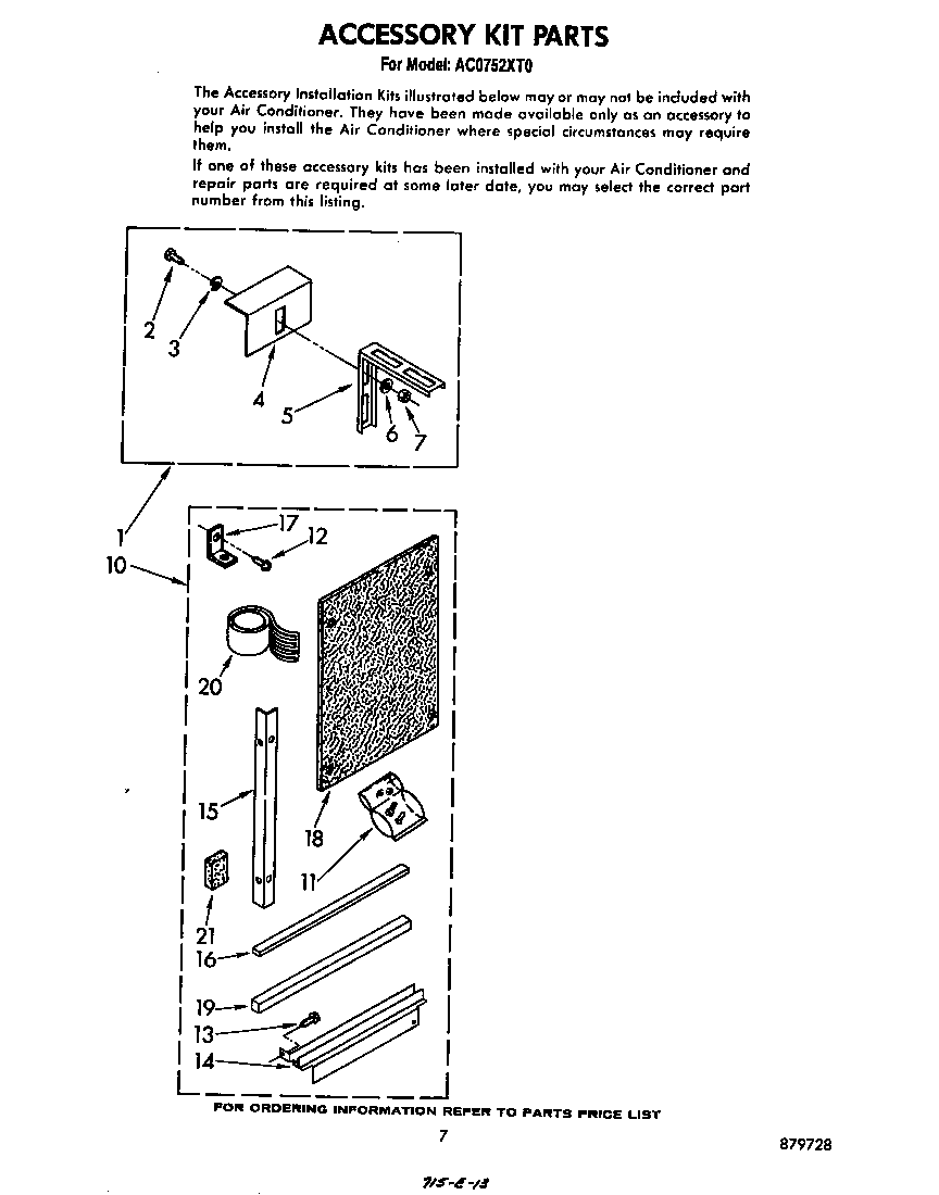 Whirlpool AC0752XT0 accessory kit diagram
