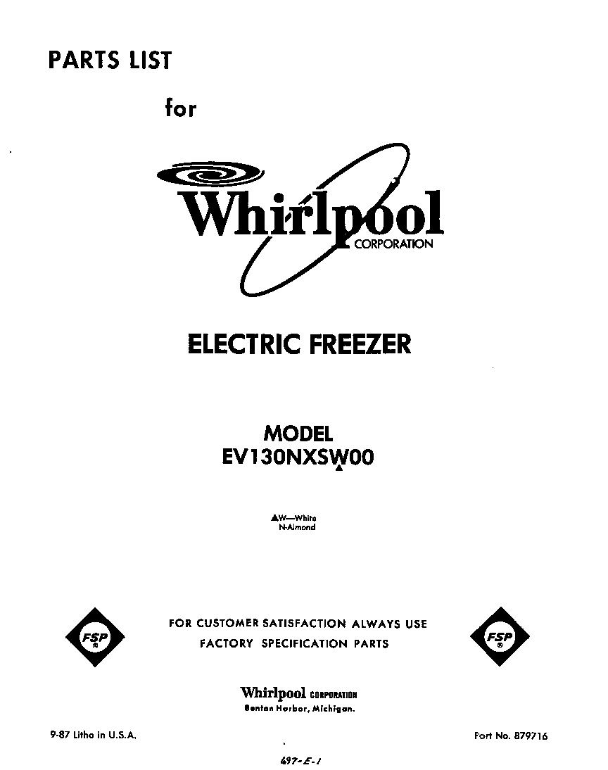 Whirlpool EV130NXSW00 front cover diagram